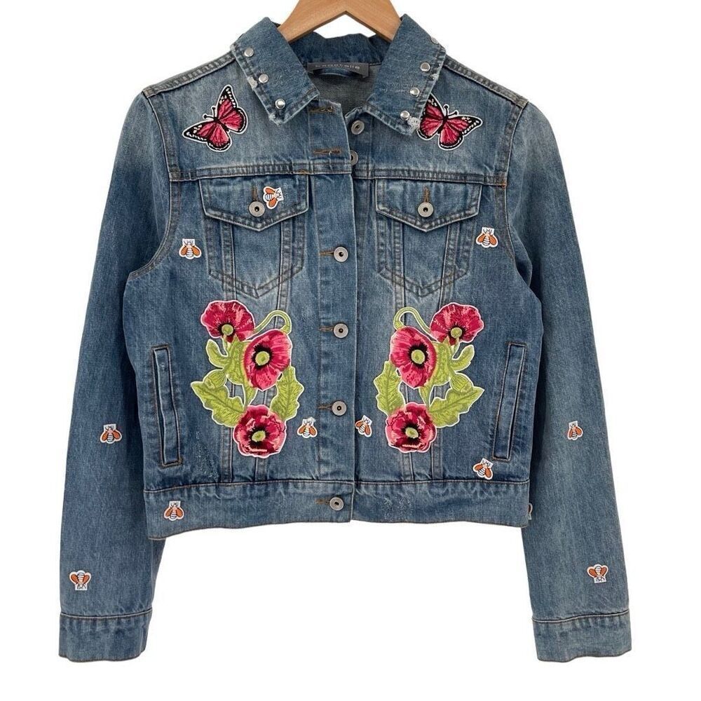 Bagatelle Collection Embroidered Floral‎ Patch Denim Trucker Jacket Women XS